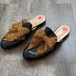 Designer inspired leather loafers with golden bow